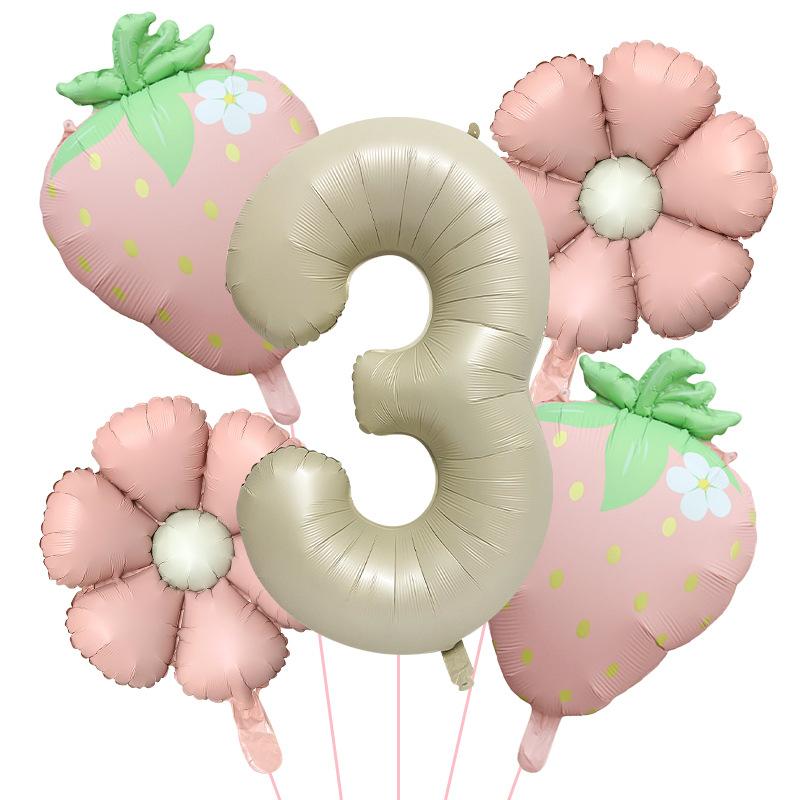 5Pcs Matte Milk White Fruit Strawberry Flower Foil Balloon with 32inch Number Balloon Berry First Birthday Summer Party Supplies