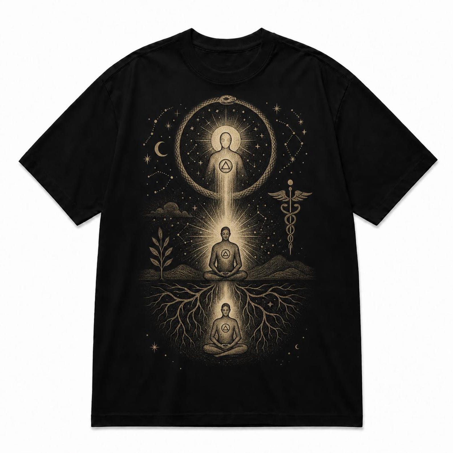 Mystic Balance Spiritual T-Shirt – Cosmic Meditation Sacred Geometry Tee S