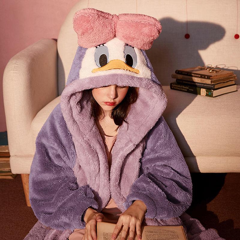 Women's Coral Fleece Hooded Pajama Set - Cute Cartoon Nightgown for Autumn/Winter