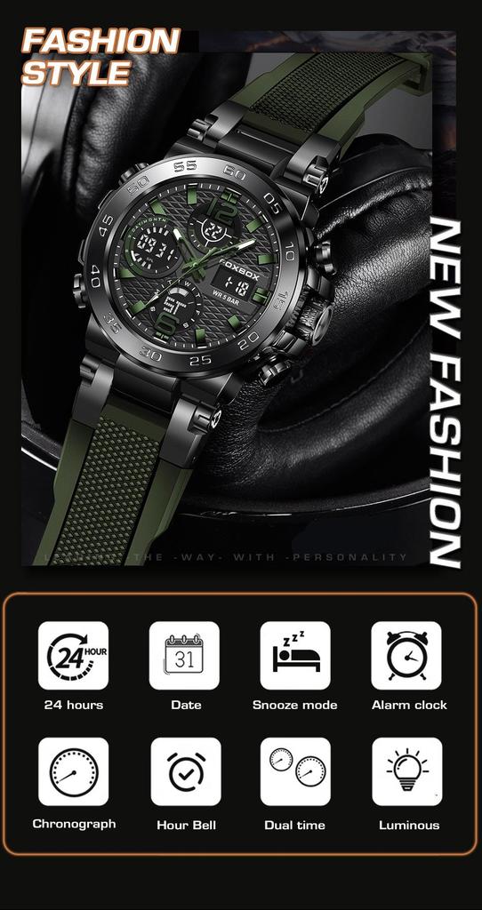 Men's Dual Display Waterproof Silicone Sport Watch with Calendar & Luminous Features