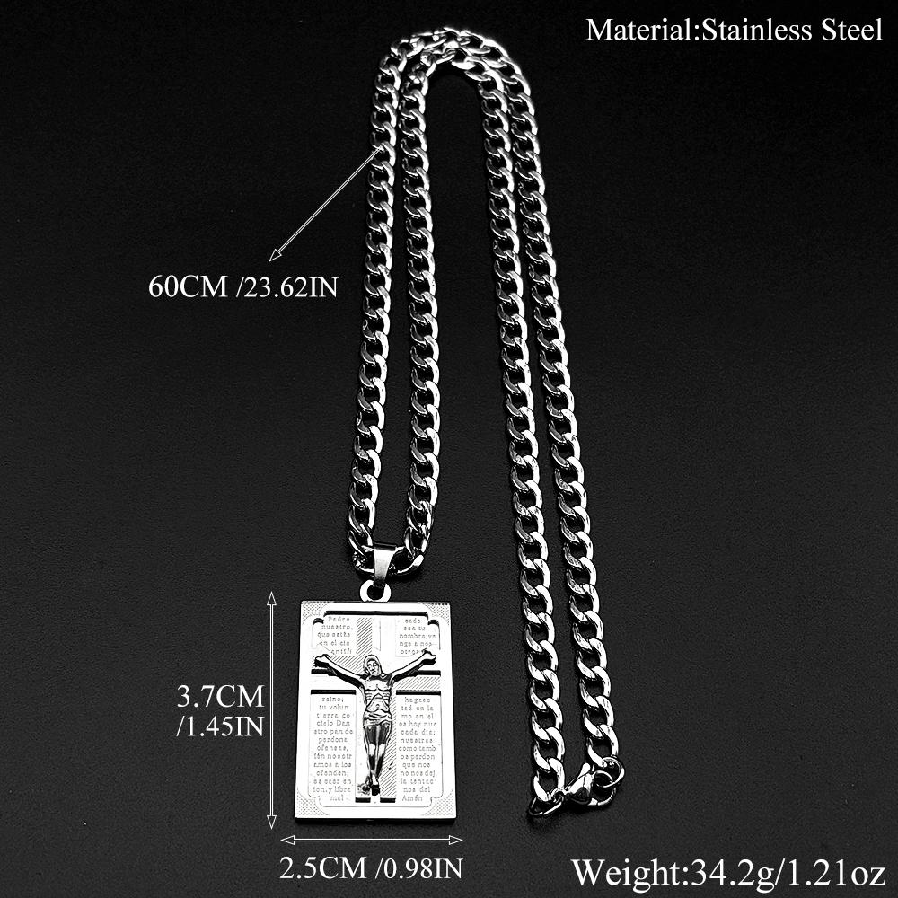 Spanish Lord's Prayer Crucifix Jesus Christ Pendant Necklace for Women Men Stainless Steel Silver Color Hip Hop Chain Jewelry
