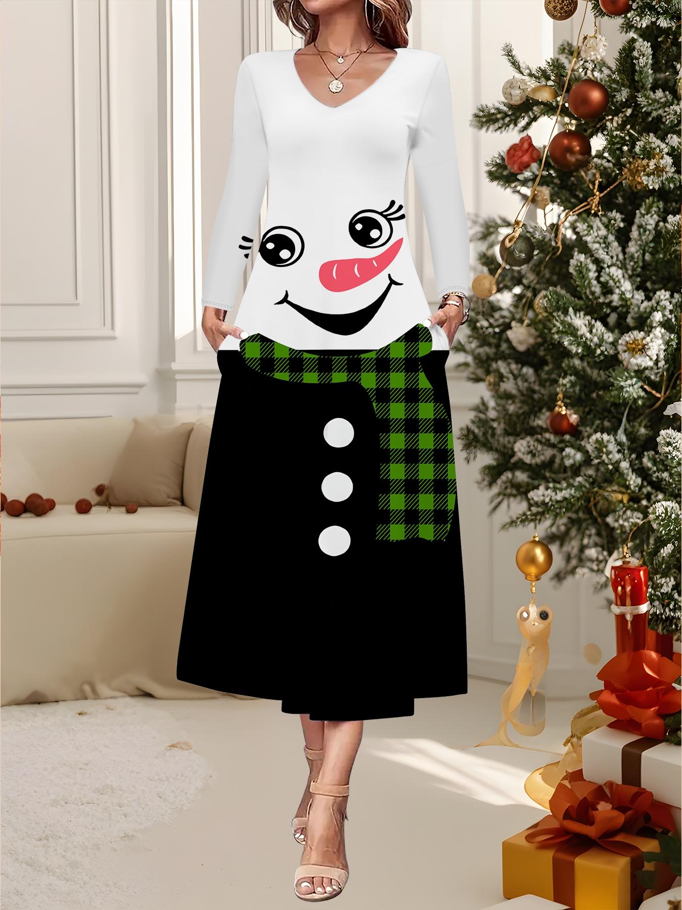 

2025 Осень и Зима Новое Женское Повседневное Модное Платье 3D Принт Снеговика Длинный Рукав V-образный Вырез А-силуэт Рождественский Подарок XXL зелёный