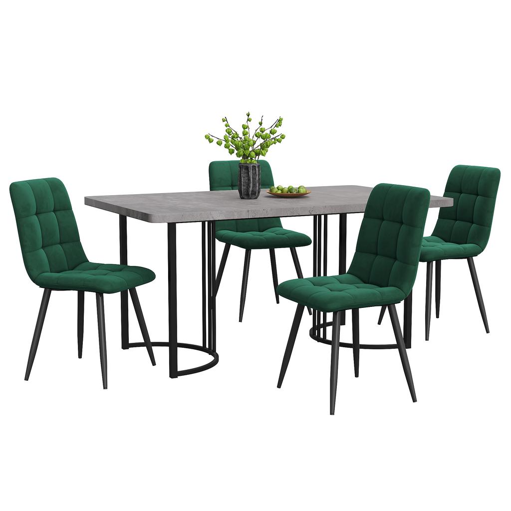 Dining Set (5-piece), Dining Table with 4 Chairs, 140×80cm Kitchen Table with Black Metal Legs, MDF Tabletop In Grey, Dark Green Velvet Dining Chairs