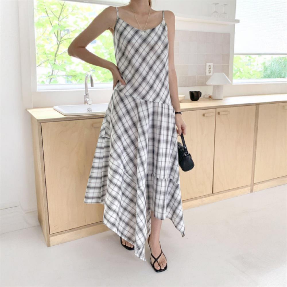 New ArrivalS Open Run Women S Check Pattern aSymmetrical Flare Long dreSS