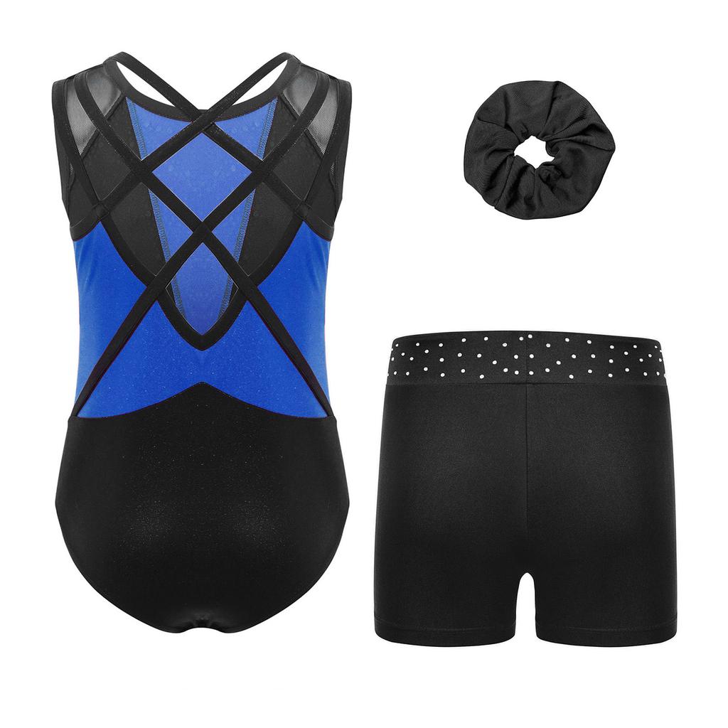 Girls Dance Gymnastics Outfit Sleeveless Crisscross Back Shiny Rhinestones Color Block Metallic Leotard Elastic Waistband Short