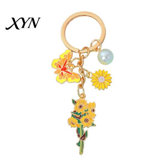 Enamel Pendant Keychain with Round Imitation Pearls, Flower Butterfly Charm Key Ring, Pastoral Style Layered Holder