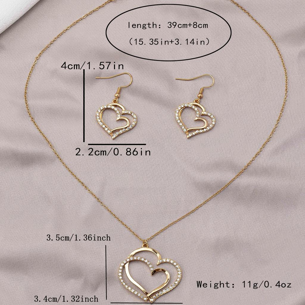 Women's Jewelry Set Double Heart-Shaped Glass-Inlaid Rhinestone Necklace and Earring Set Suitable for Daily Wear and Holidays Without Box