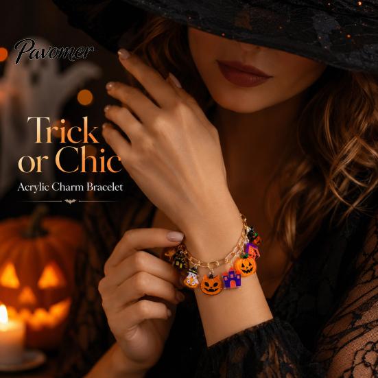 Acrylic Pumpkin Wrist Jewelry Halloween Charm Bracelets for Women, Cute Spooky Cat Ghost Castle Pendant Holiday Costume Accessory Bracelet, Adjustable