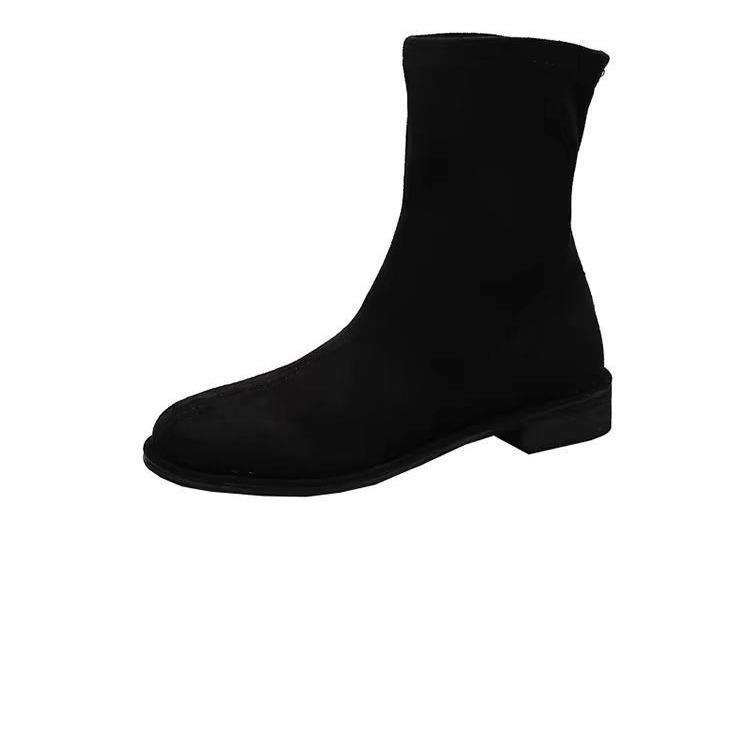 Bottes d'hiver Automne et Hiver Noir Stretch Mode Élégantes Bottes Talon Bas Plates Bottines Femmes Daim Confortables Rétro Chaussures pour Femmes