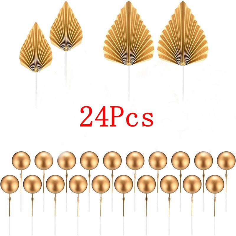 24Pcs Gold Balls Cake Toppers Gold Palm Leaves Cake Decorations Insert Decorations for Birthday Baby Shower Wedding Party Decor