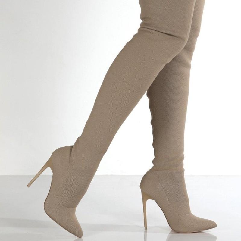 2026 Stivali Al Ginocchio Elasticizzati in Maglia da Donna Taglia Grande Stile Retro Autunno Inverno Tacco Sottile Tacco Alto Stile Coreano Sopra il Ginocchio Lunghi
