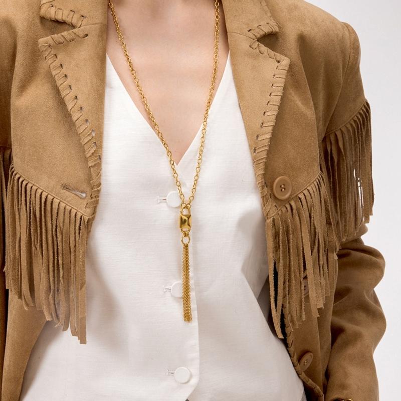 Delicate Tassels Detail Lock Charm Necklace Adding Movement and Graces Adjustable Fit Feminine Elegances Clavicle Chain