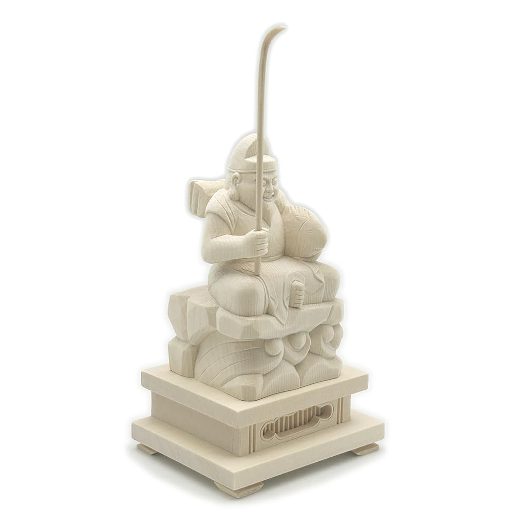 HU Trading Ebisu Ten (total Height 14cm, Width 8.5cm, Depth 7cm) Wood Carving Figurine Made of Hinoki Wood Ebisu Seven Lucky Gods B13730
