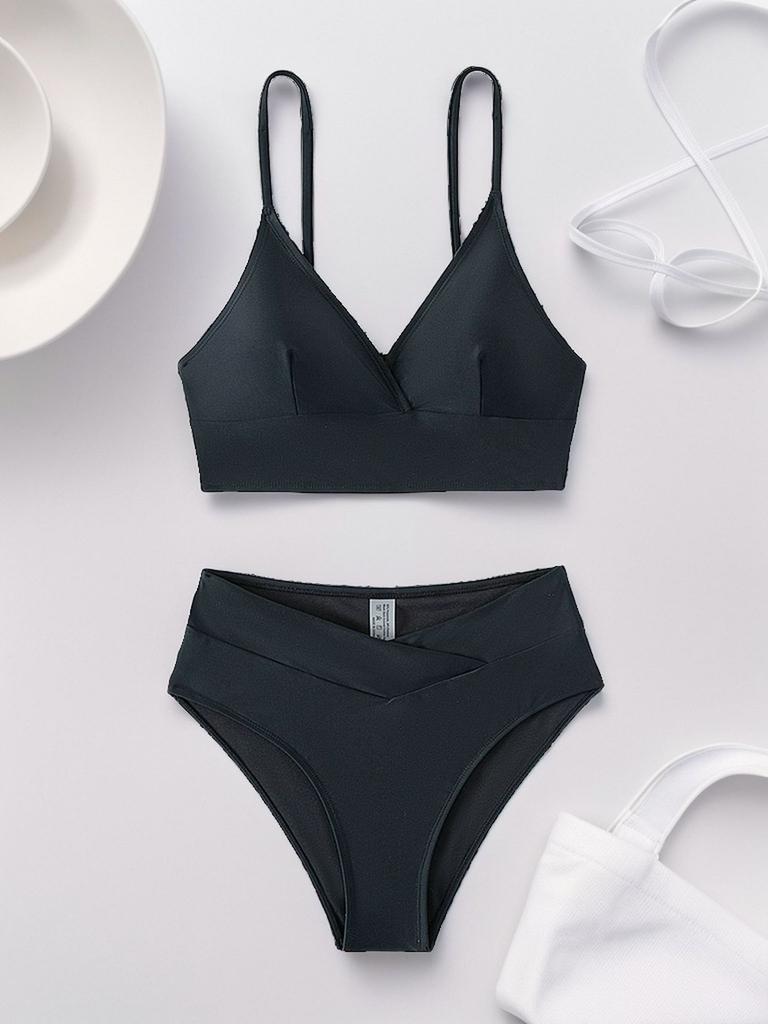 Solid Deep V Backless Sexy Bikini Set Elegant Comfortable Two Piece Swimwear
