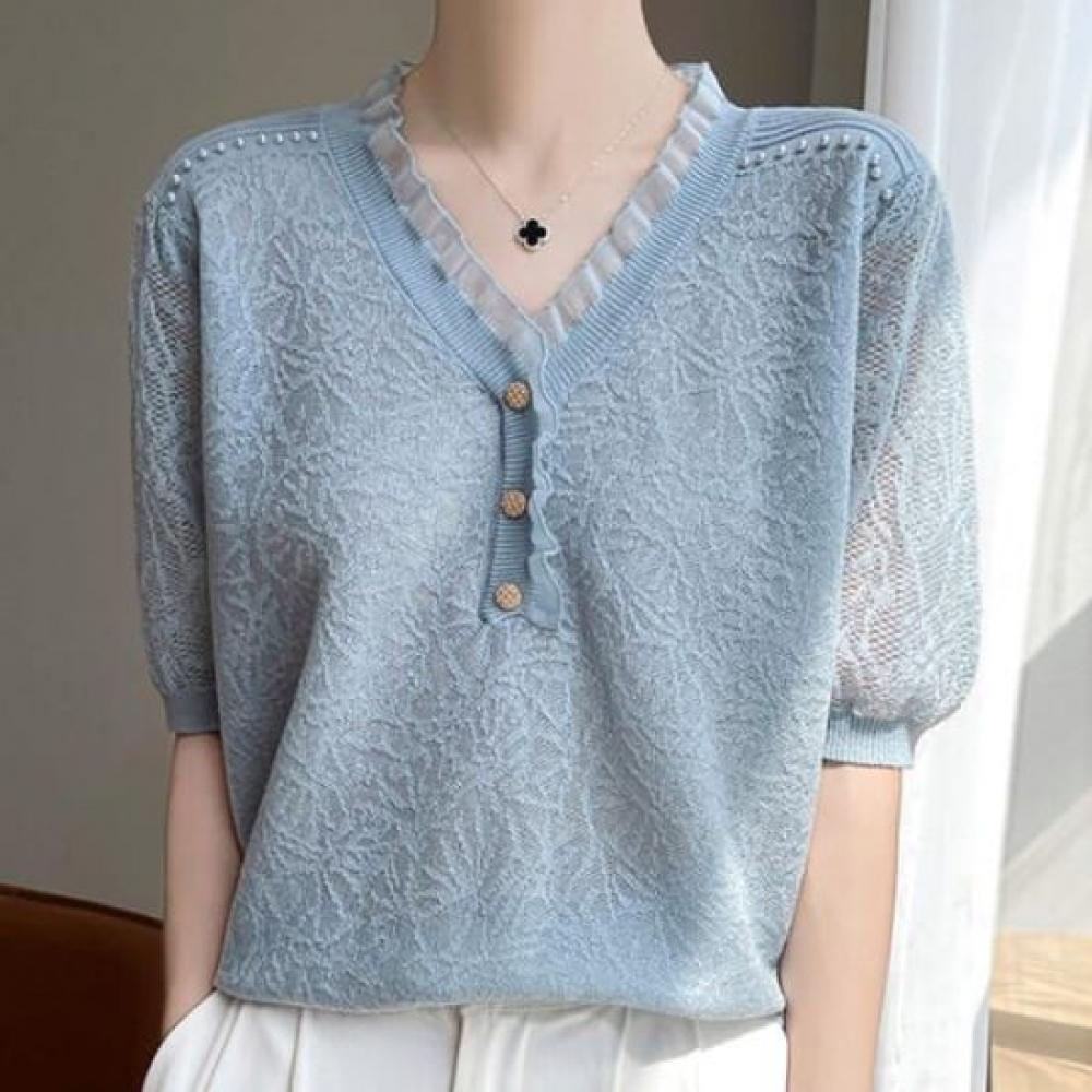 Navava Women Thin Flower Lace Short Sleeve Knit Nk3007