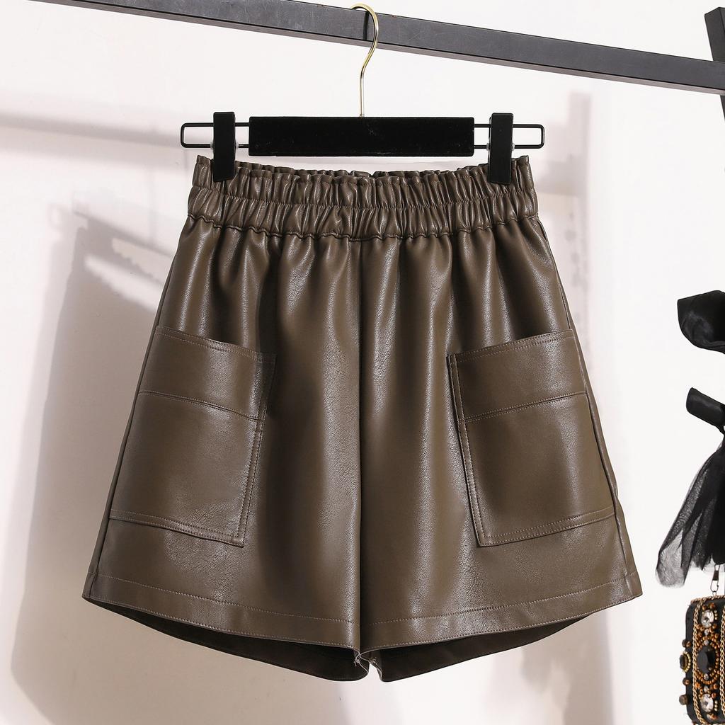 Autumn New High-waisted Pear-shaped Figure Slim A-word Wide-leg PU Short Leather Pants Boots