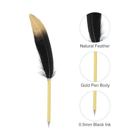 PATIKIL Feather Ballpoint Pens, Bulk Pack of 5 with Refills, Metal Pen Holder, Black Ink, Vintage Quill Pen for Office Work, Wedding Signage, Black