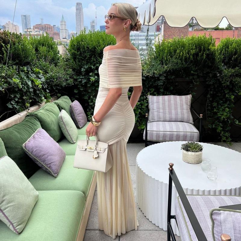 Spring Off-Shoulder Backless Maxi Dress For Women Gown Fashion Mesh Strapless Sleeveless Bodycon Long Dress Elegant