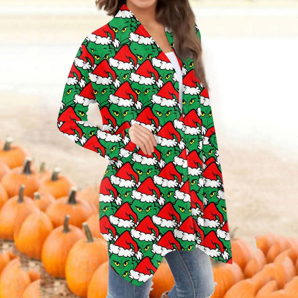 Damenmode, lässig, Weihnachtsdruck, mittellanger Cardigan-Jackenmantel