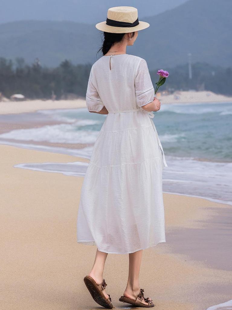 Women's White Cotton Linen Puff Sleeve Belted Midi Dress