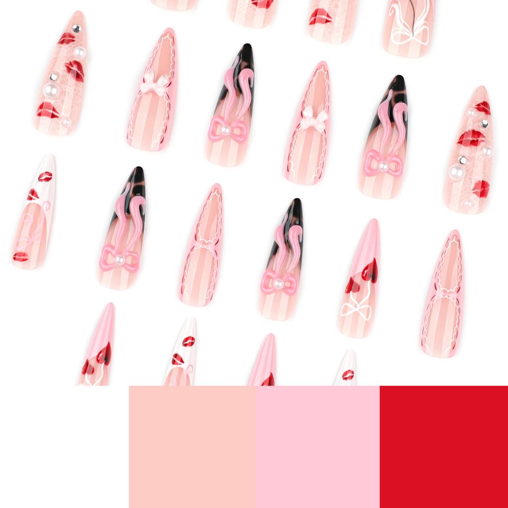 Hot Selling Sweet Pink Bow Fake Nails Red Lip Print Love Wear Nail Nail Art