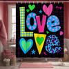 Love Graffiti Shower Curtain Mixed Patterns with Hearts and Leopard, Fun Feminine Bath Curtain for Teen Girls and Romantic Decor
