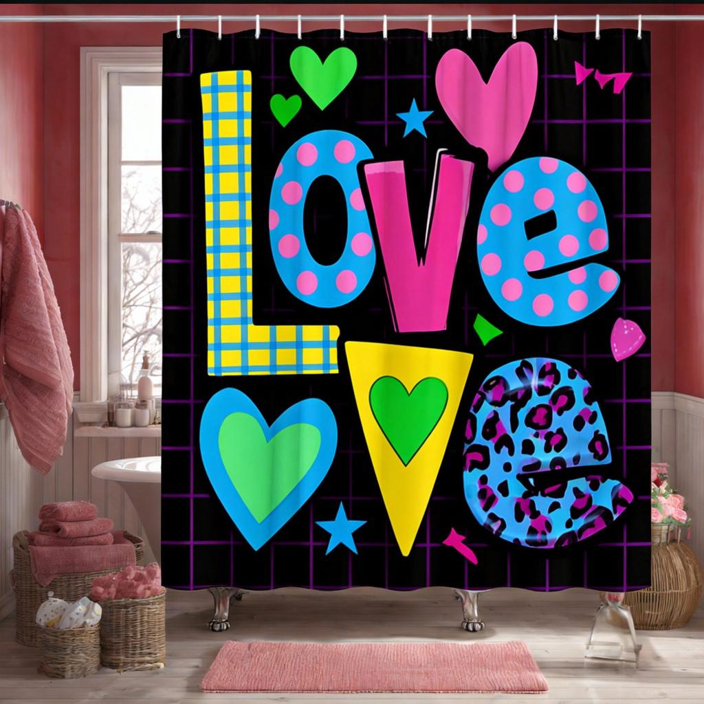 Love Graffiti Shower Curtain Mixed Patterns with Hearts and Leopard, Fun Feminine Bath Curtain for Teen Girls and Romantic Decor