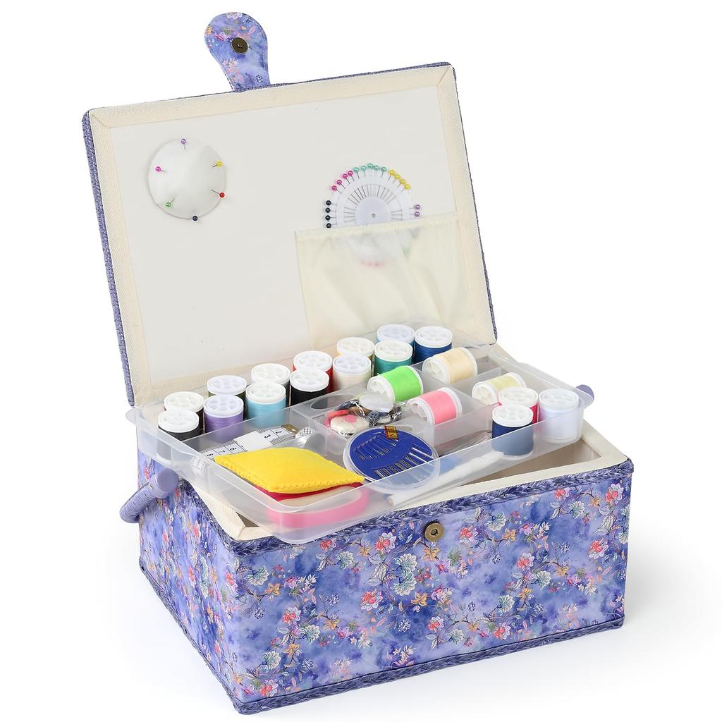 D&D Sewing Box, Sewing Kit, Large Capacity, Double Layer Storage, Sewing Accessory Storage Box 24*17.5*13cm (Large - Blue)