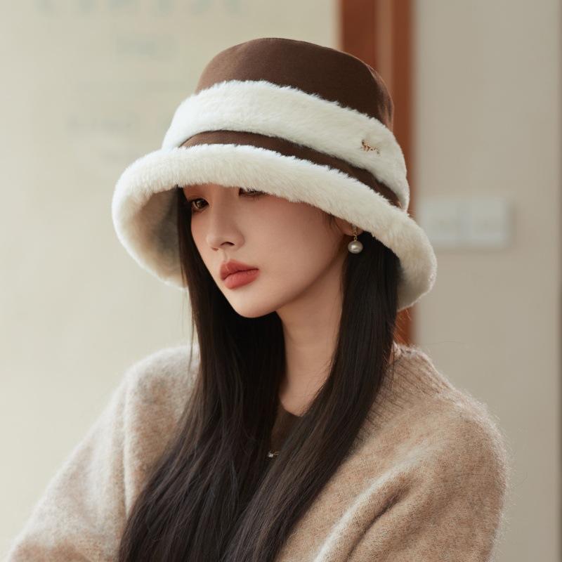 Autumn and Winter Thickened Plush Splicing Bucket Hat Women's Ear Protector Hat Basin Hat for Casual & Formal Outfits, Cold Weather Gear