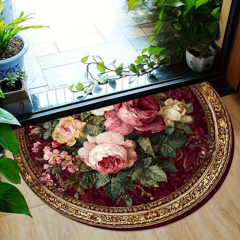 1Pcs Vintage Rose Bouquet Pattern Semi Circle Welcome Doormat Non-Slip for Outdoor Patio Porch Kitchen Bathroom Entryway Floor Mat