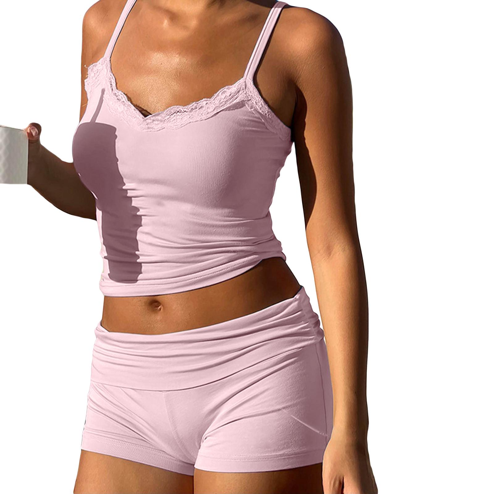 

Женский летний комплект из 2 предметов без рукавов с V-образным вырезом и кружевной отделкой, лифчик, узкие шорты S розовый