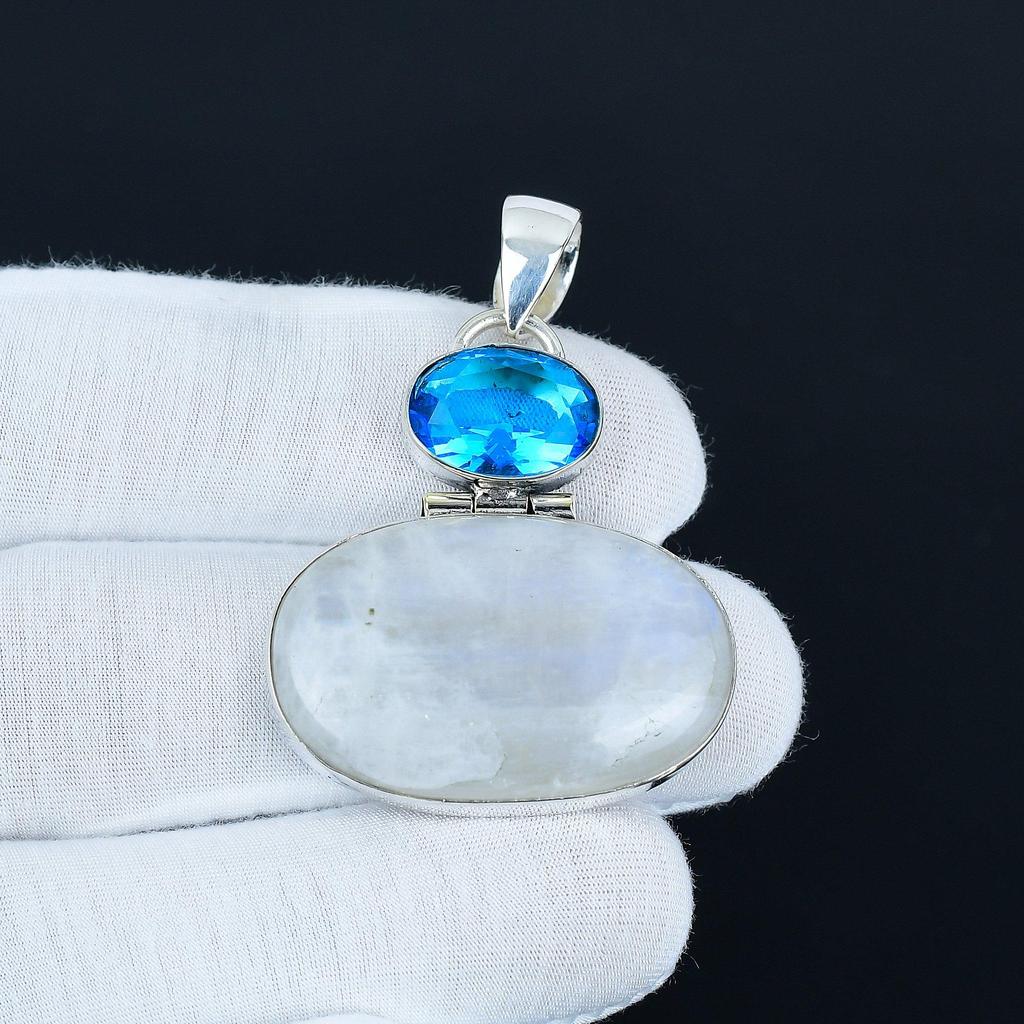 Natural Rainbow Moonstone Pendant 925 Sterling Silver Jewelry – Boho Statement Necklace – Blue Topaz Gemstone Pendant Unique Gifts for Her