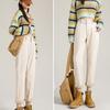 Haren Fleece Jeans for Women Autumn and Winter High Waist Loose Tight Waist Carrot Dad Pants for Women