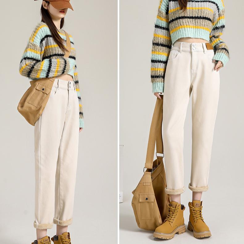 Haren Fleece Jeans for Women Autumn and Winter High Waist Loose Tight Waist Carrot Dad Pants for Women
