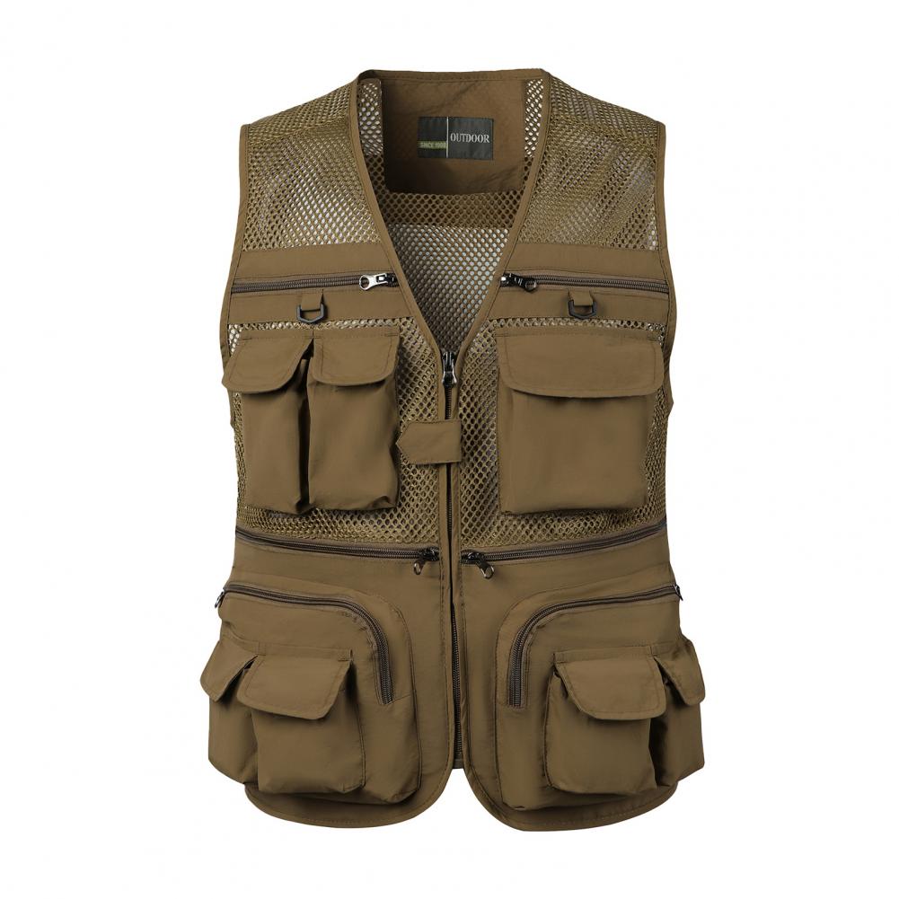 Men Cargo Waistcoat V-neck Sleeveless Zipper Placket Vest Coat Solid Color Mesh Stitching Multi Pockets Fishing Hiking Waistcoat