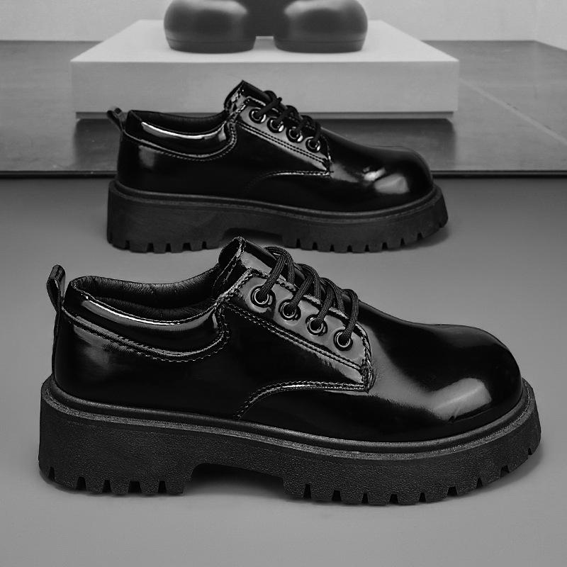 

Осень новые черные туфли с круглым носком на низкой подошве для платья, работы, повседневной носки, кожаные туфли, толстая подошва с увеличением высоты, глянцевые, в британском стиле, мужские кожаные туфли 46