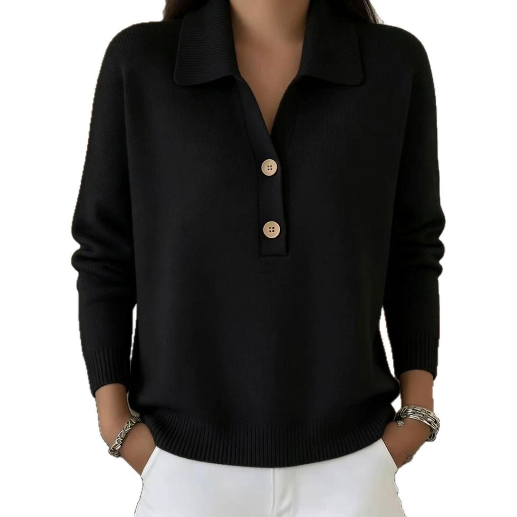 2026 Autumn/Winter Women's European-American Knit Lapel Sweater: Half-Button, Loose, Casual Style