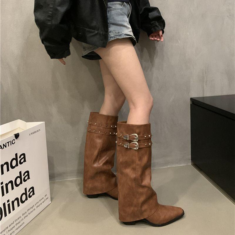 Retro Western Cowboy High Tube Boots Women's Pointed Toe Knight Long Boots Fashionable Streetwear Autumn Winter Long Botas Shoes