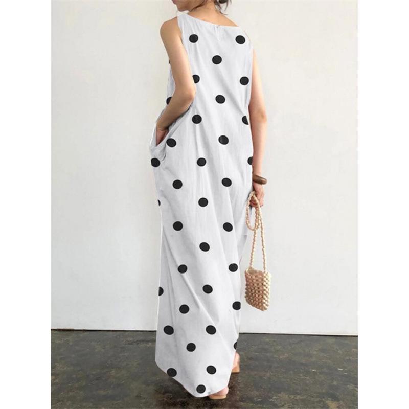 Plus Size Women's Black Polka Dot Sleeveless Linen Long Dress