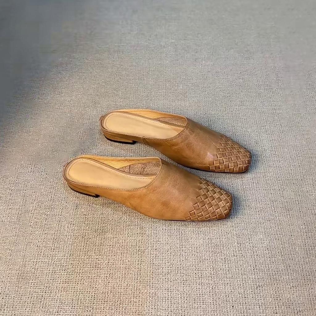 Sheepskin Version~ Retro Literature and Art Ins Fashion Weaving Lazy Person One Pedal Casual Sandals Outside Wearing Bag Head Half Slippers Women