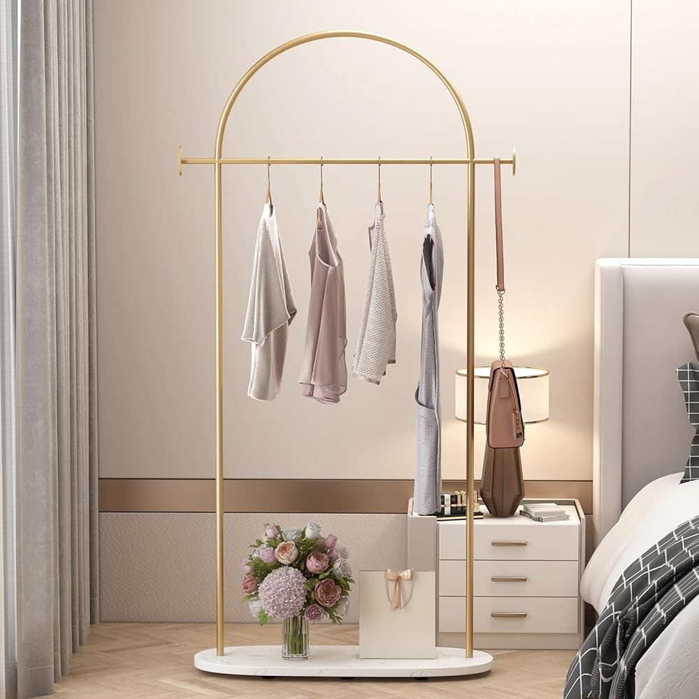 Gold Clothing Rack, Modern Clothes Ra With Shelf, Heavy Duty Freestanding Coat Rack, Metal Coat Hanger Stand With Hooks For