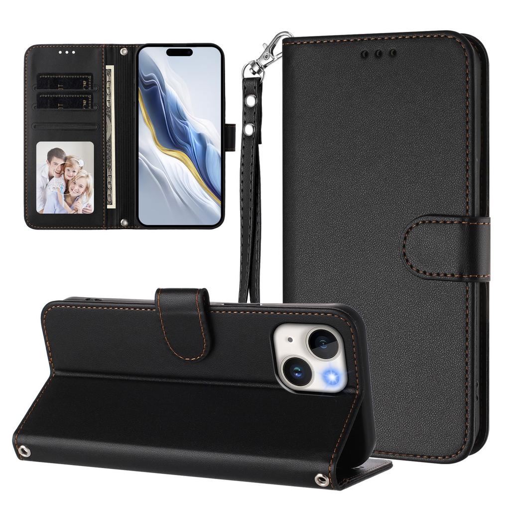 For iPhone 15 Leather Case Wallet Stand Phone Cover with Wrist Strap