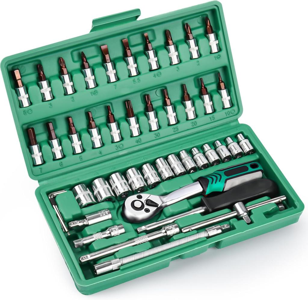 Korekaou Socket Wrench Ratchet Wrench Car Sleeve Ratchet and Socket Driver Combination for Automotive and Car Maintenance Alloy 46-Piece Set, Set,