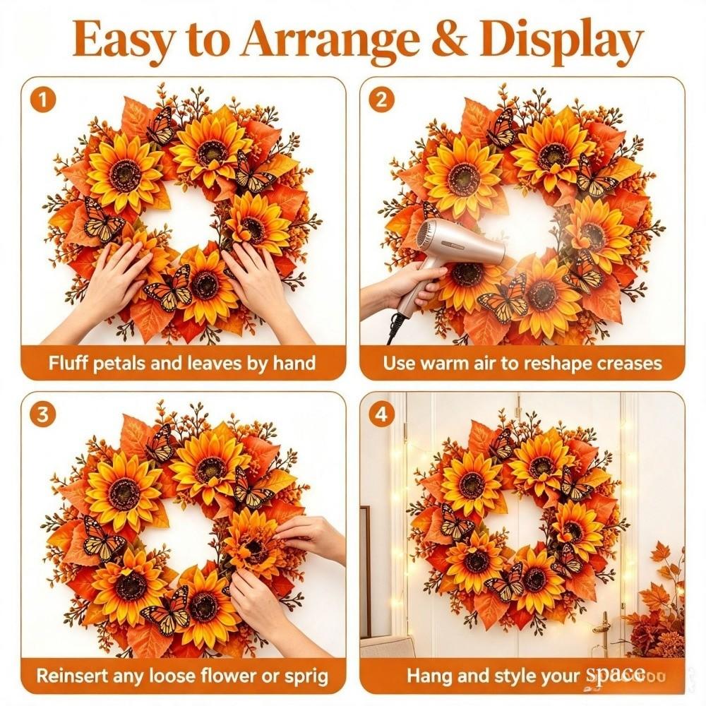Thanksgiving Halloween Christmas Door Wreath Artificial Sunflower Wreath Indoor Outdoor
