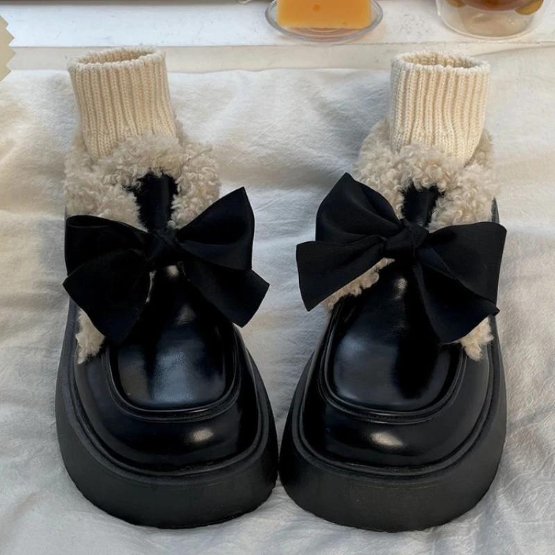 Fashion Winter Japanese Sweet Platform Shoes Women Warm Bow Vintage Kawaii Pumps Plush Ankle Boots Female Casual Comfortable Bootes