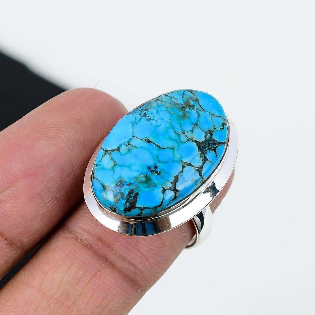 Natural Tibetan Turquoise Adjustable 925 Sterling Silver Ring - Fits US Sizes 6 To 11 - Handmade Boho Jewelry for Women & Men, Wadding Gifts