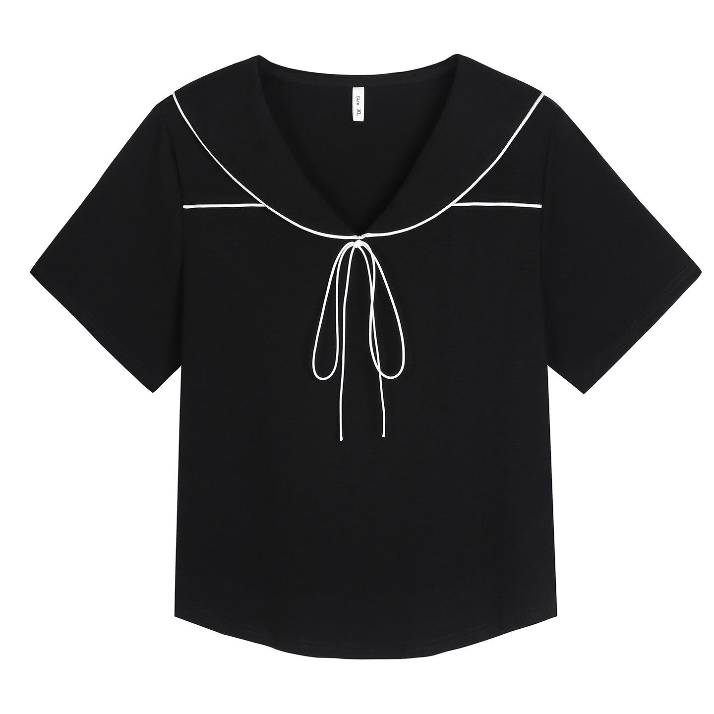 

Women s Plus Size Navy Contrast Bow Tie Lace-up T-shirt, Slimming Short Sleeve 4XL (suggested for 90-100 kg) чёрный