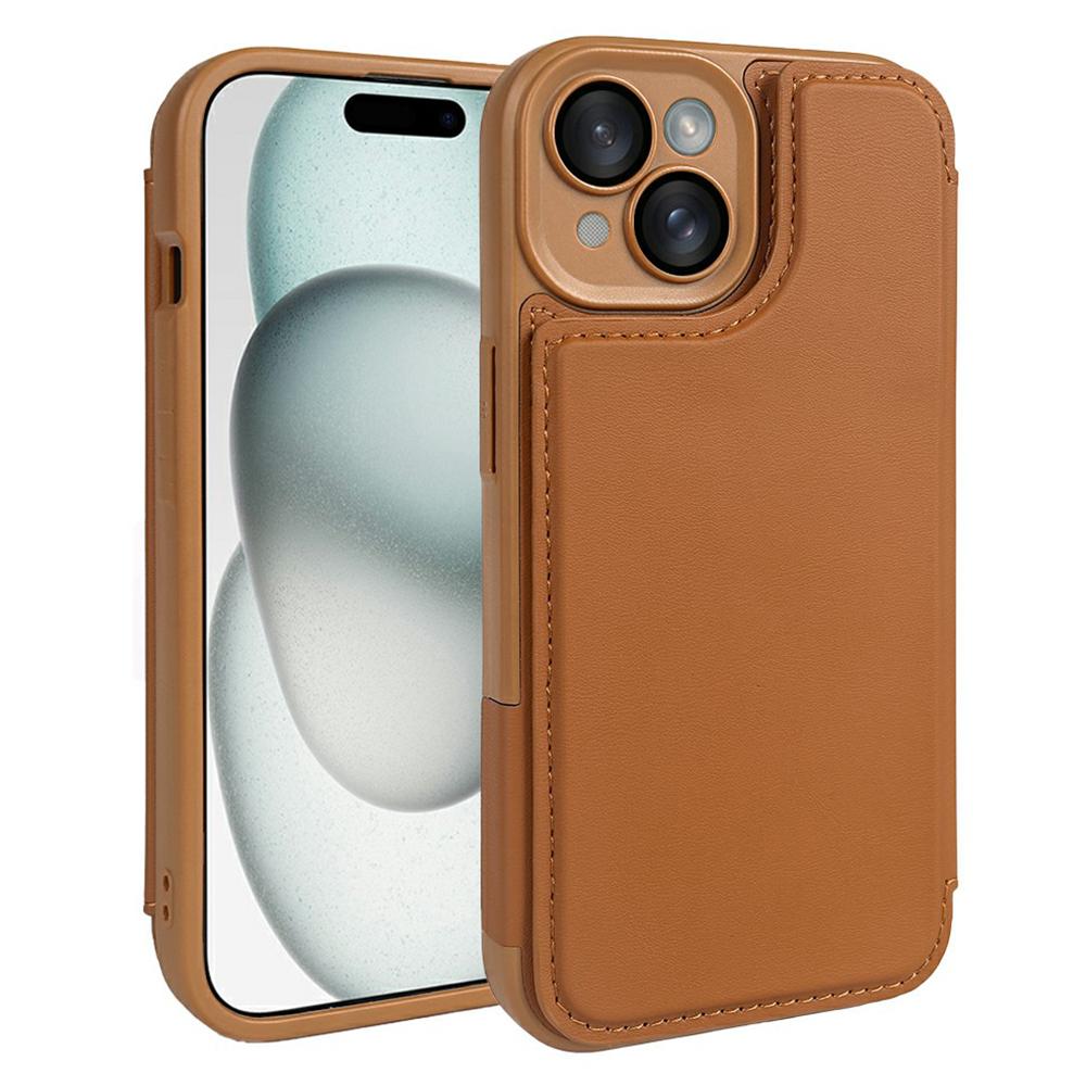 

For iPhone 15 Magnetic Case RCS Eco Friendly Flip Phone Cover with Kickstand RFID Blocking Brown