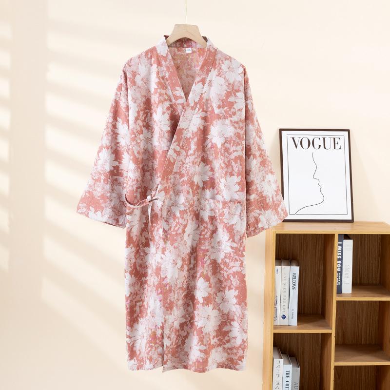 Damen Baumwoll Sommer Kimono-Stil Gaze Bademantel Pyjama, Große Größen, Mittellang Jacquard Nachtwäsche