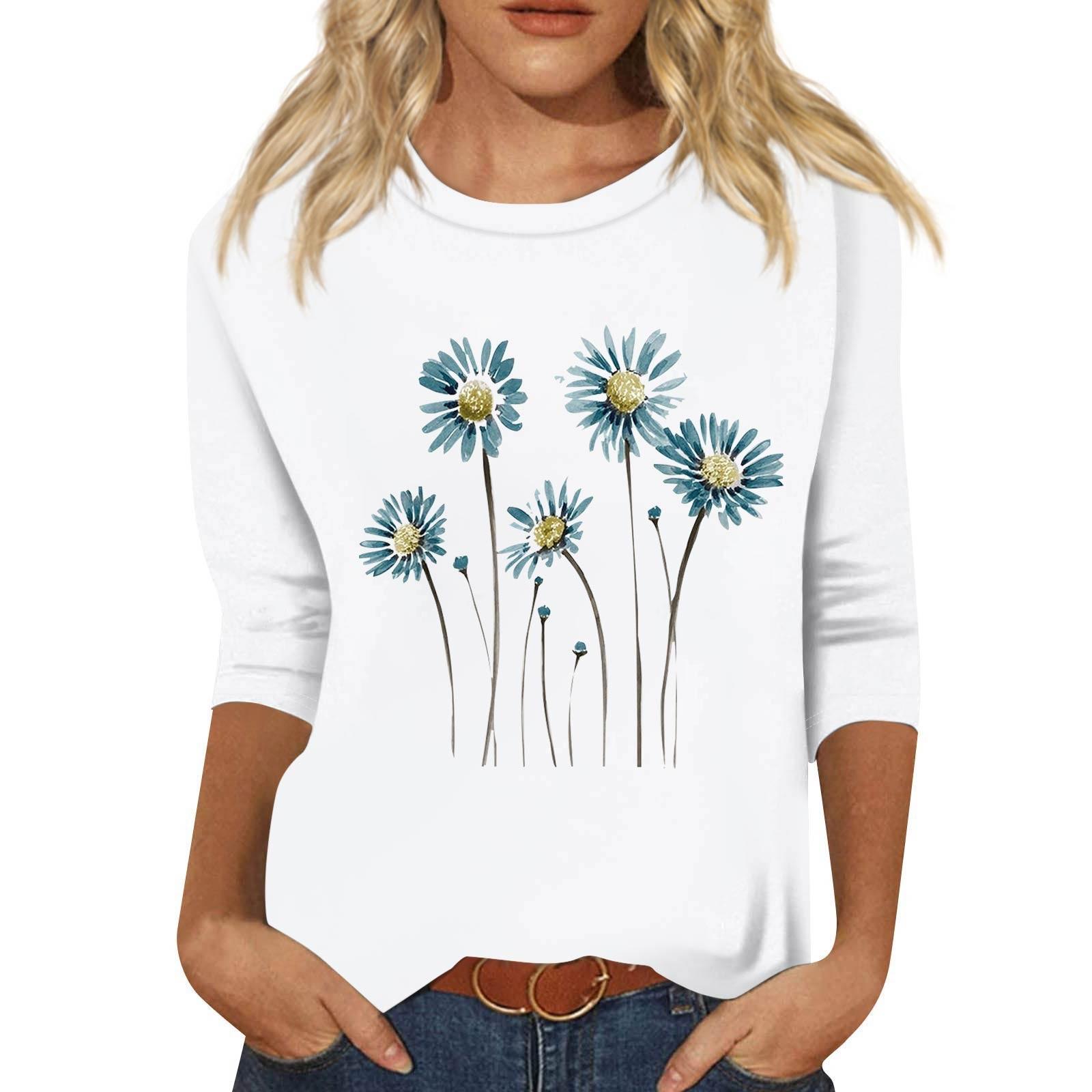 

Women s Fashion Loose Casual Seven 3/4 Sleeve Printed Round Neck Pullover Top L білий